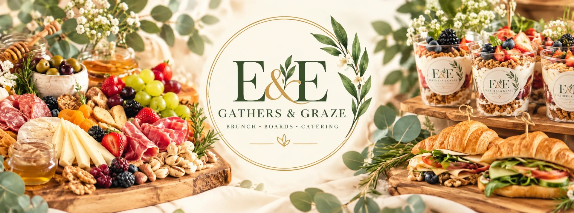 E&E Gathers & Graze logo set between a charcuterie board and a tiered stand of brunch parfaits and croissant sandwiches